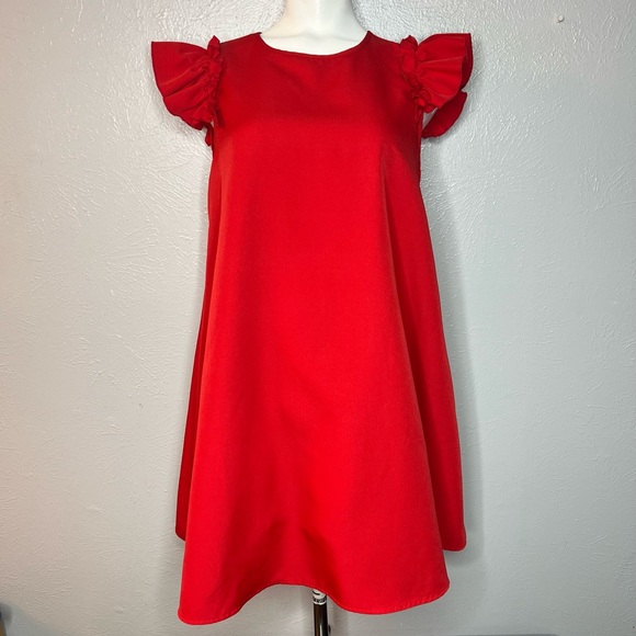 Dresses & Skirts - Red Babydoll Style Dress with Ruffle Cap Sleeves and Keyhole Back. Size Small